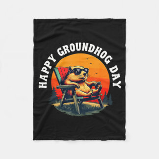 Retro Happy Groundhog Day Funny Ground Hog Sunset  Fleecedecke