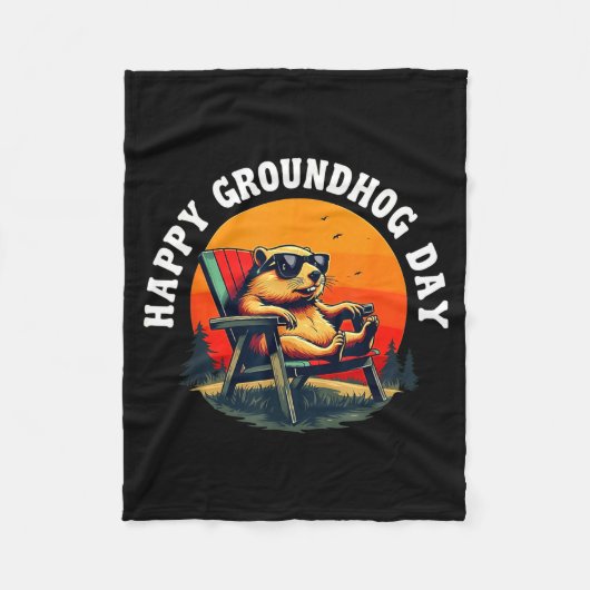 Retro Happy Groundhog Day Funny Ground Hog Sunset Fleecedecke (Vorderseite)