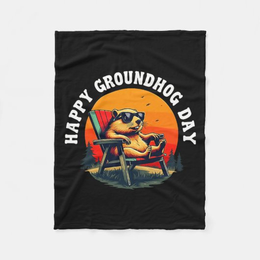 Retro Happy Groundhog Day Funny Ground Hog Sunset Fleecedecke (Vorderseite)