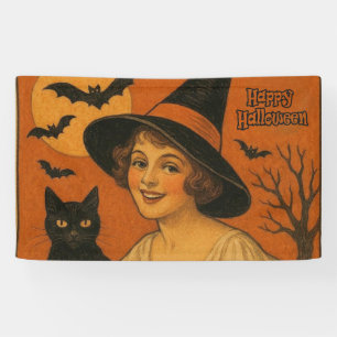 Retro Happy Halloween Hexe, Katze, Kürbis Banner
