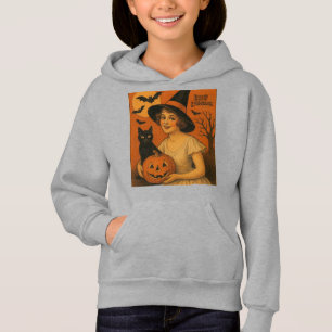 Retro Happy Halloween Hexe, Katze, Kürbis Hoodie