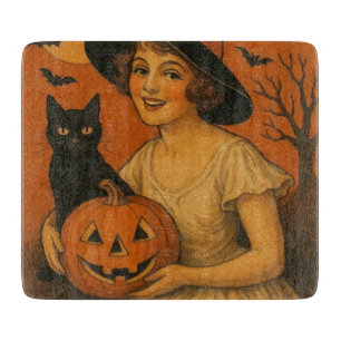 Retro Happy Halloween Hexe, Katze, Kürbis Schneidebrett