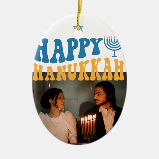 Retro Happy Hanukkah Personalisiertes Foto Keramik Ornament (Vorne)