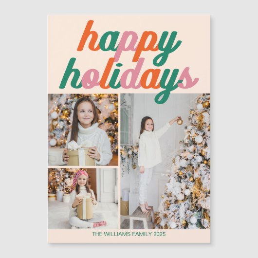 Retro Happy Holidays 3 Photo Collage Magnet Card (Vorderseite)