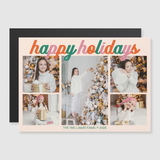 Retro Happy Holidays 5 Photo Collage Magnet Card (Vorne/Hinten)