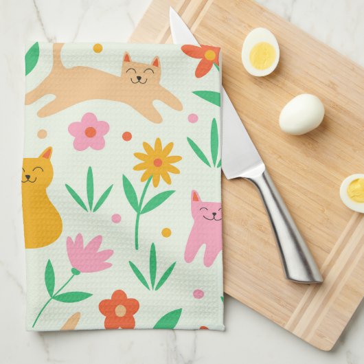 Retro Happy Katzen mit orangefarbenen und pfirsich Geschirrtuch (Viertel Falte)