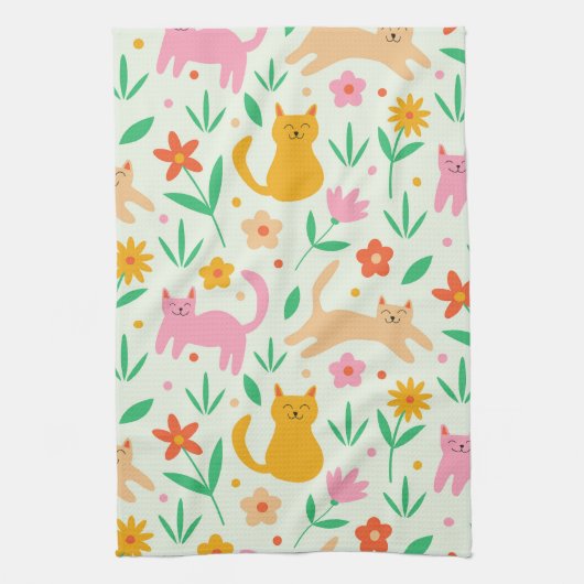 Retro Happy Katzen mit orangefarbenen und pfirsich Geschirrtuch (Vertikal)