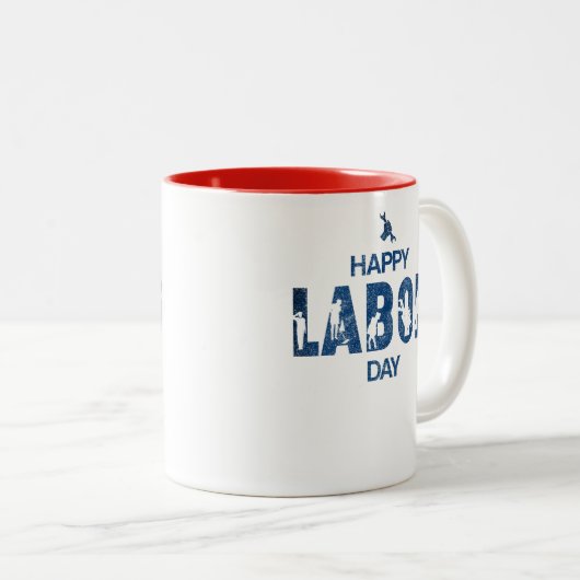 Retro Happy Labour Day in Retro Blue Zweifarbige Tasse (VorderseiteRechts)