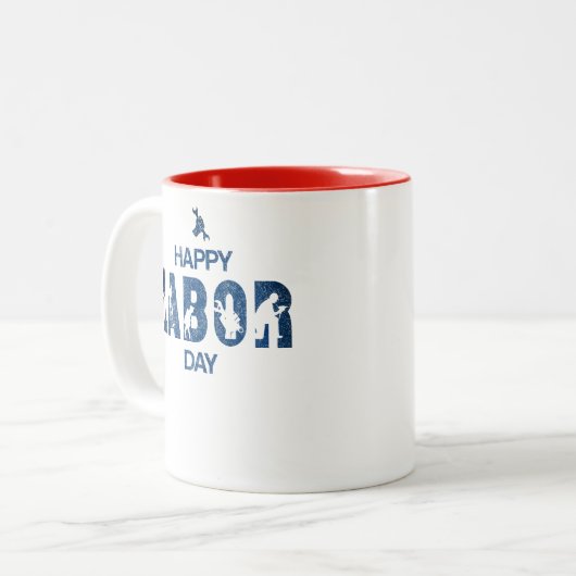 Retro Happy Labour Day in Retro Blue Zweifarbige Tasse (Vorderseite Links)