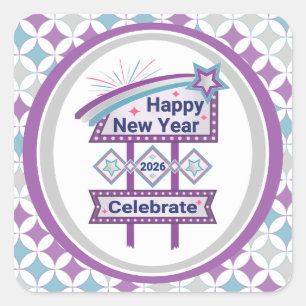 Retro Happy New Year Sign - Celebrate Marquee Quadratischer Aufkleber