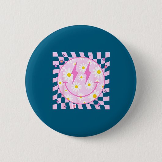 Retro Happy Smile Face Checkered Pattern Nk Daisy  Button (Vorderseite)