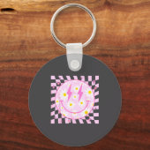 Retro Happy Smile Face Checkered Pattern Nk Daisy Schlüsselanhänger (Vorderseite)