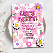 Retro Happy Smile Face Pink Checkered Geburtstag
