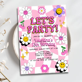 Retro Happy Smile Face Pink Checkered Geburtstag Einladung