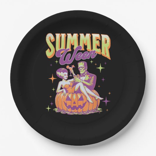 Retro Happy Summerween Funny Frankenstein Monster Pappteller (Vorderseite)