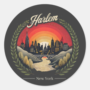 Retro-Harlem-Sonnenuntergang: New Yorker Skyline Runder Aufkleber