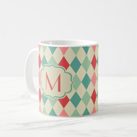 Retro Harlequin Geometric Muster Monogram Kaffeetasse (Vorderseite Links)