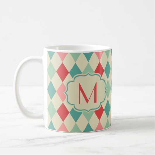 Retro Harlequin Geometric Muster Monogram Kaffeetasse (Links)