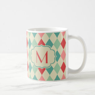 Retro Harlequin Geometric Muster Monogram Kaffeetasse