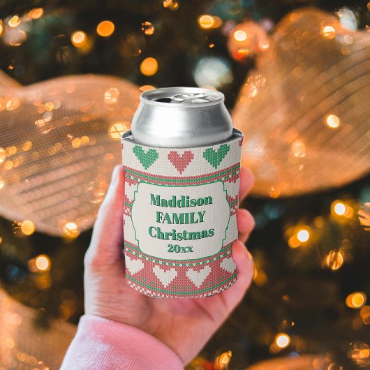Retro hässlicher Weihnachtspullover grün rote Herz Dosenkühler