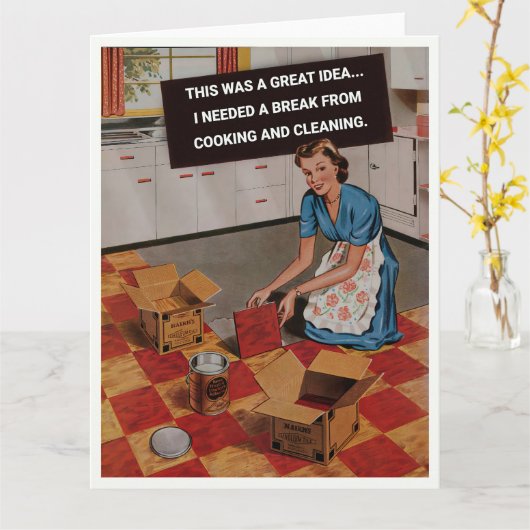 Retro Hausfrau braucht eine Pause Karte (Gelbe Blume)