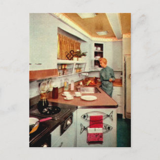 Retro Hausfrau in Küche Postkarte