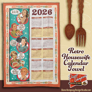 Retro-Hausfrau-Kalender-Handtuch 2026 Geschirrtuch