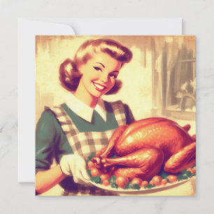 Retro-Hausfrau mit Thanksgiving-Truthahn im Vintag Karte