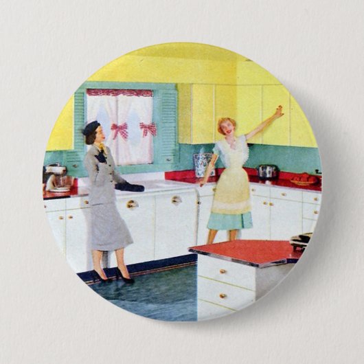 Retro Hausfrauen in Küche Button (Vorderseite)
