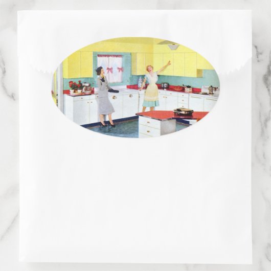 Retro Hausfrauen in Küche Ovaler Aufkleber (Tasche)