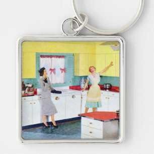 Retro Hausfrauen in Küche Schlüsselanhänger