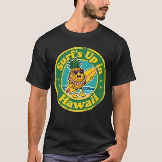 Retro Hawaii Abzeichen-Ananas mit Lei Surfboard T-Shirt (Vorderseite)