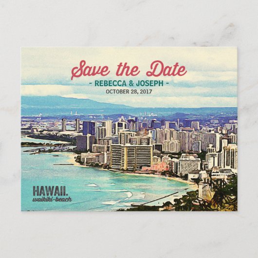 Retro Hawaii Waikiki Beach Foto Save the Date Ankündigungspostkarte (Vorderseite)
