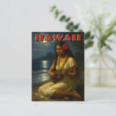 Retro Hawaiian Girl & Ukulele At Moonlit Beach Postkarte (Stehend Vorderseite)
