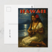 Retro Hawaiian Girl & Ukulele At Moonlit Beach Postkarte (Vorne/Hinten)