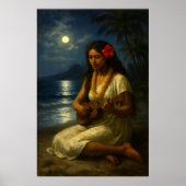 Retro Hawaiian Girl & Ukulele On A Moonlit Beach Poster (Vorne)