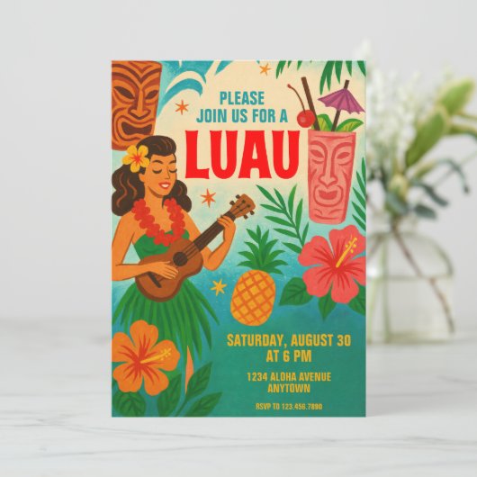 Retro Hawaiian Luau Party Einladung (Stehend Vorderseite)