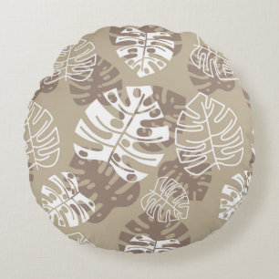 Retro Hawaiian Monstera Leaf Cool Browns Rundes Kissen