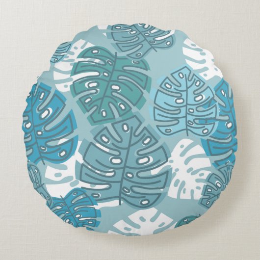 Retro Hawaiian Monstera Leaf Summer Blues Rundes Kissen (Vorderseite)
