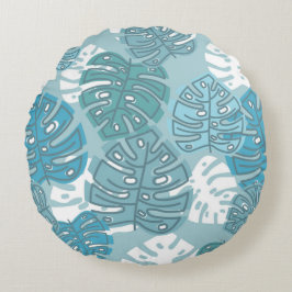 Retro Hawaiian Monstera Leaf Summer Blues Rundes Kissen