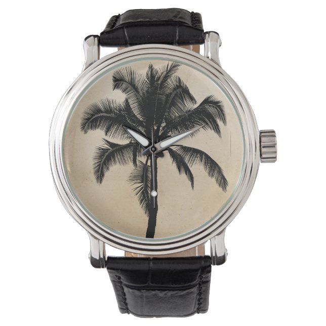 Retro Hawaiian Tropical Palm Tree Silhouette Black Armbanduhr (Vorderseite)