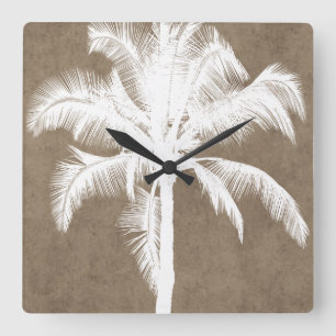 Retro Hawaiian Tropical Palm Tree Silhouette White Quadratische Wanduhr