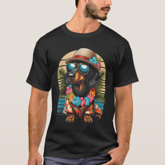 Retro Hawaiianische Dackel Hund Tropischer Flora S T-Shirt
