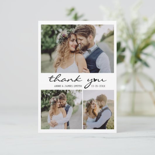 Retro Heart Script 4 Foto Collage Wedding Dankeskarte (Stehend Vorderseite)