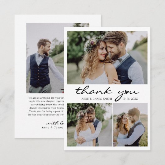 Retro Heart Script 4 Foto Collage Wedding Dankeskarte (Vorne/Hinten)
