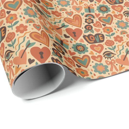 Retro Hearts 70s Love Pattern Wrapping Paper Roll Geschenkpapier (Rolleneckpunkt)