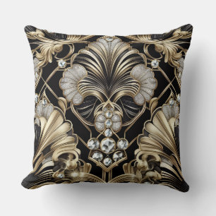 Retro-Heimtextilien   Schwarz-goldener Art Deco Kissen