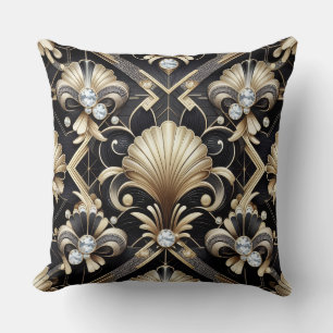 Retro-Heimtextilien   Schwarz-goldener Art Deco Kissen