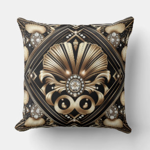 Retro-Heimtextilien   Schwarz-goldener Art Deco Kissen