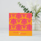 Retro heißen rosa Damast Hochzeitsaufenthalte Einladung (Stehend Vorderseite)